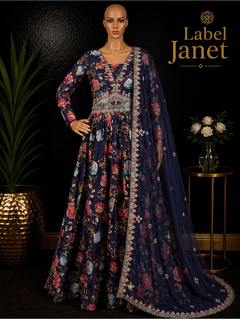 Brand new blue floral ANARKALI dress for women (M - 38”)